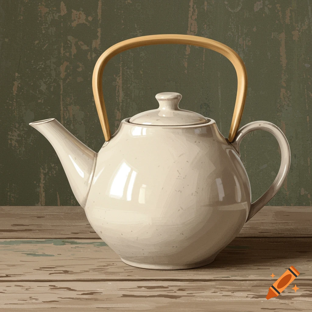 A cream-colored teapot with a wooden handle sits on a rustic wooden table.