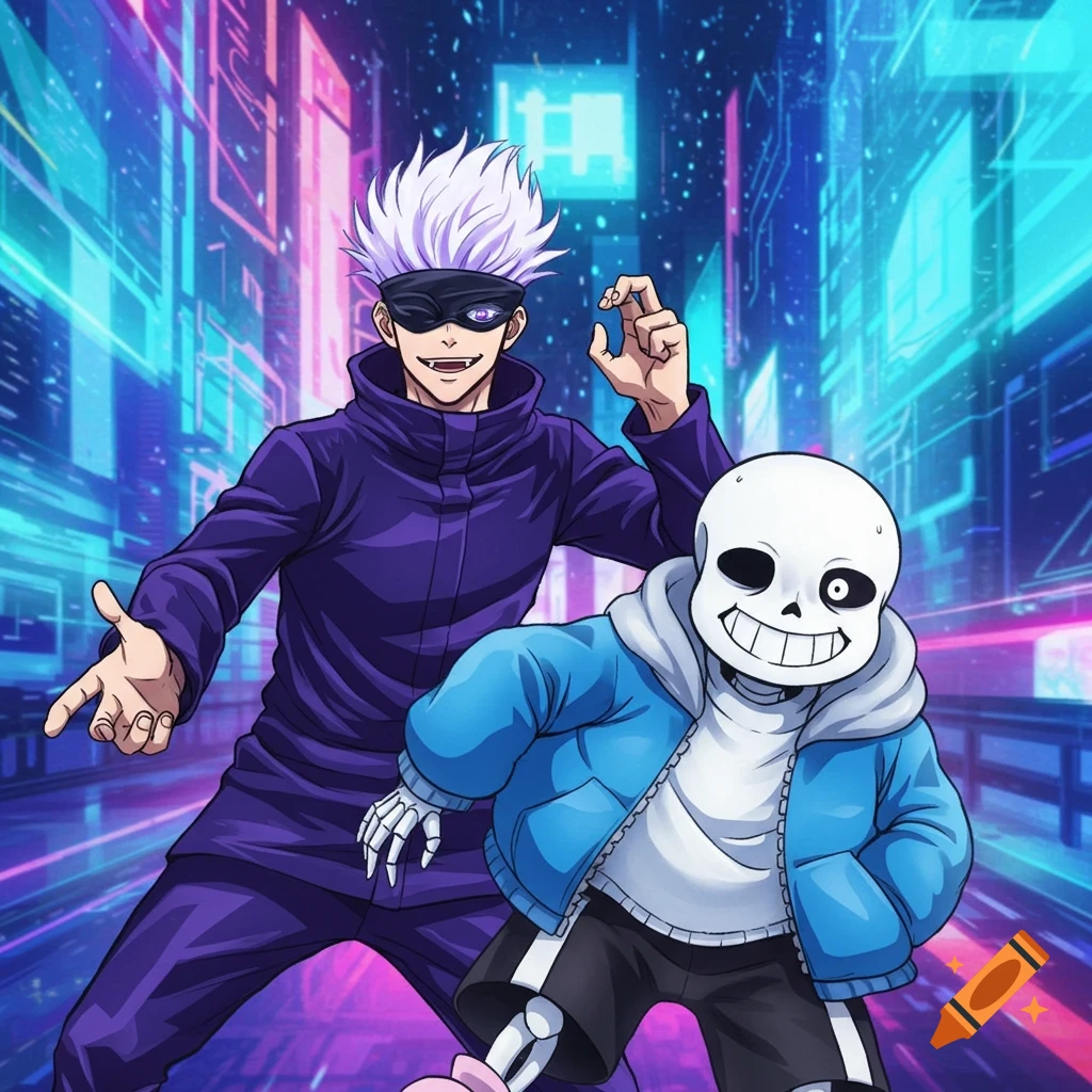 Gojo and Sans standing together in a futuristic city street, anime style.