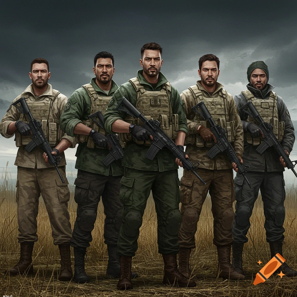 Five soldiers stand in a field holding rifles under a dark sky.