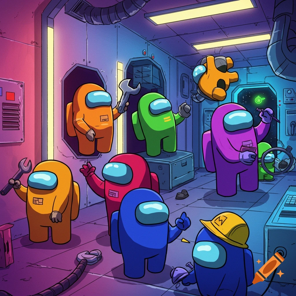 Cartoon illustration of colorful Among Us crewmates in a spaceship corridor, some holding tools.