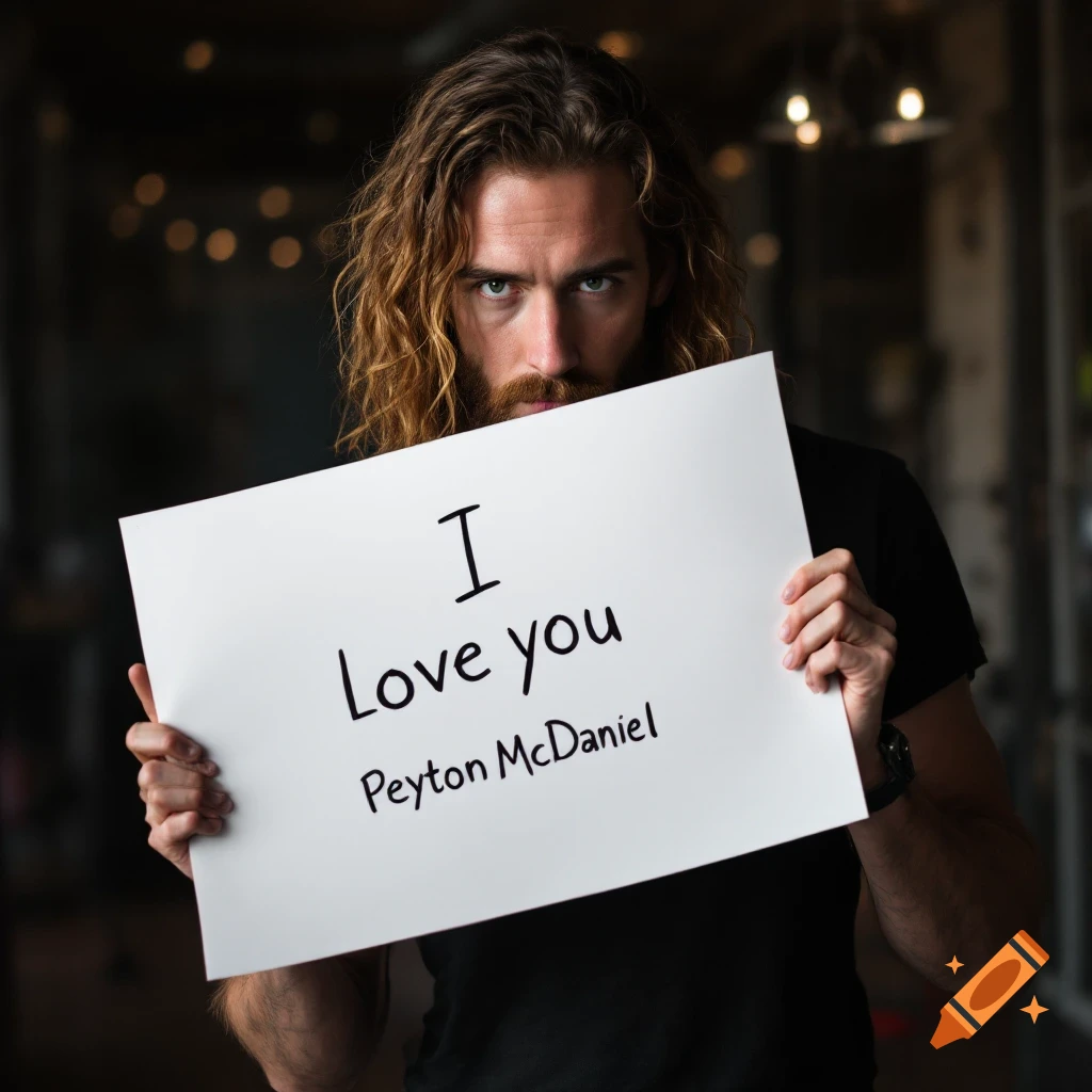 A man with long hair and a beard holds a white sign reading I love you Peyton McDaniel.