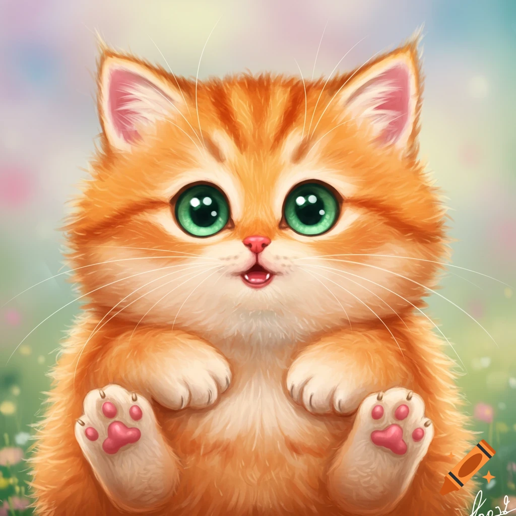 A cute orange kitten with big green eyes.