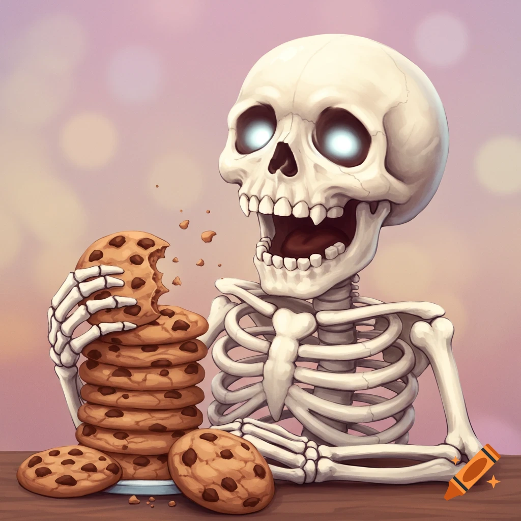 A cartoon skeleton happily eats a tall stack of chocolate chip cookies.