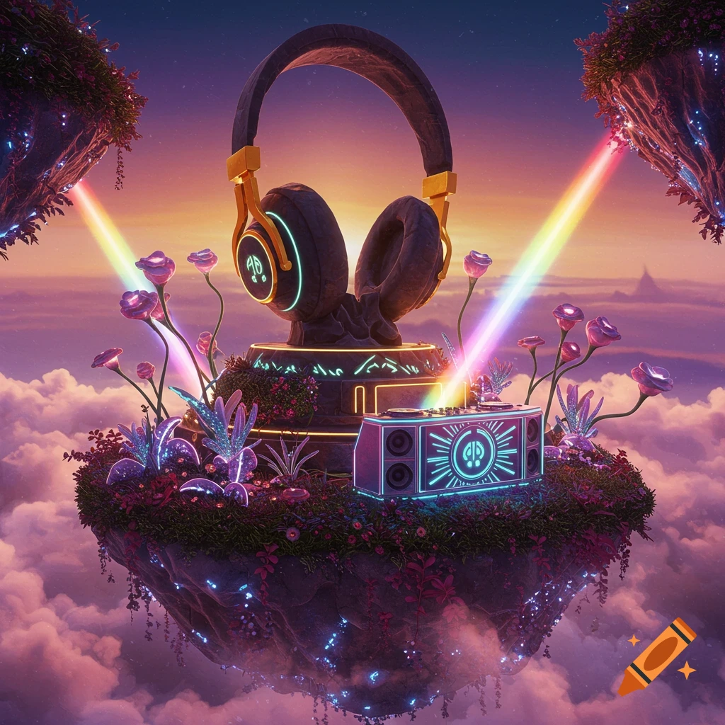 A floating island at sunset features giant headphones and a DJ booth.