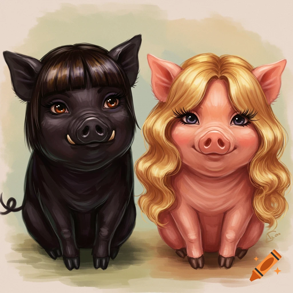 Two stylized pigs, one black with bangs, one pink with blonde wavy hair.