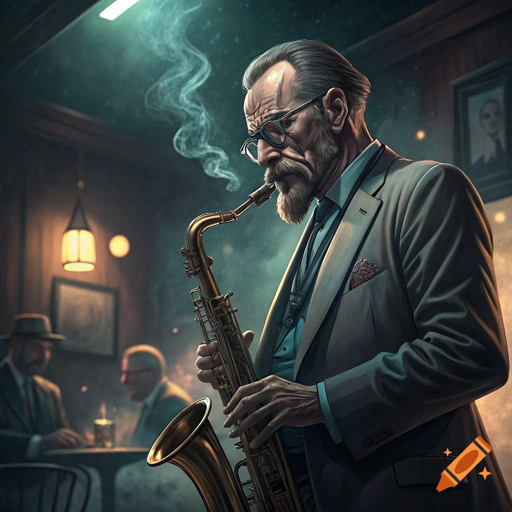 A bearded man resembling Walter White plays a saxophone in a dimly lit bar, smoke curling from the instrument.
