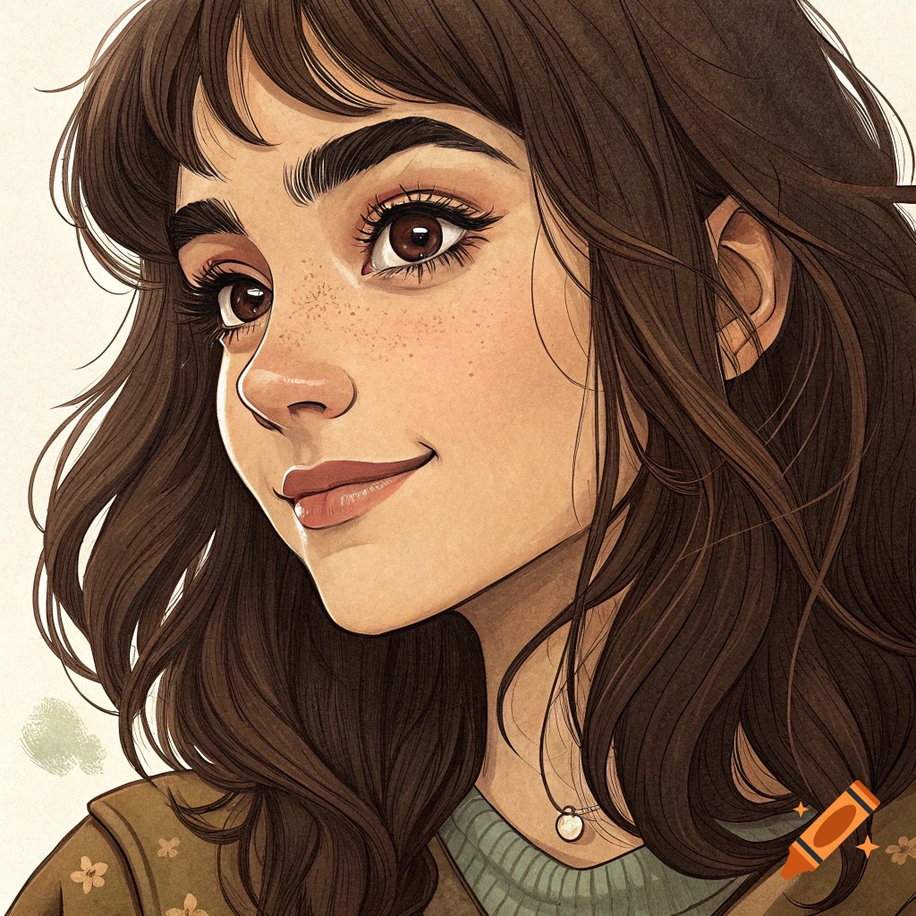 An illustration of a girl with brown hair, freckles, and a subtle smile.