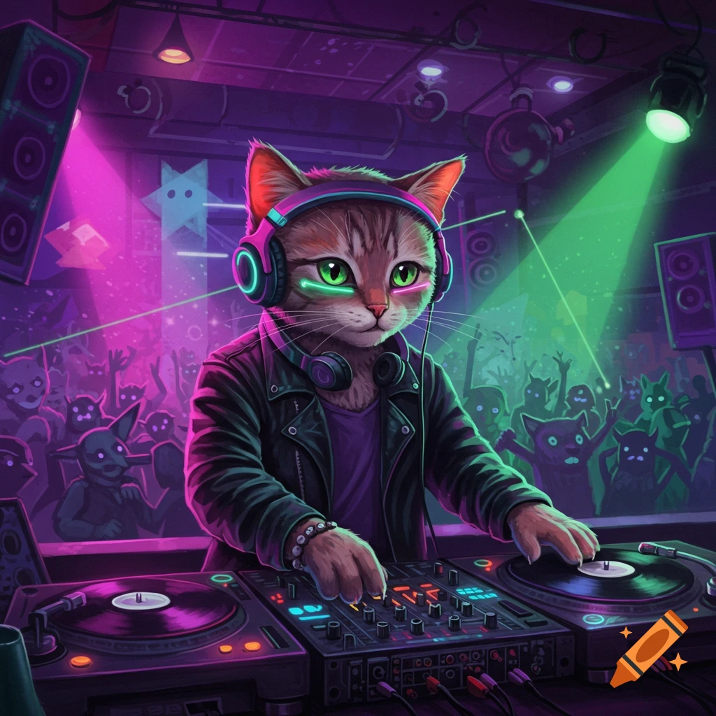 A cat DJ playing music in a neon-lit techno club.