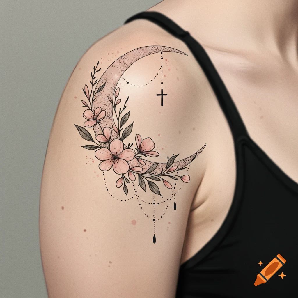 Tattoo of a crescent moon with pink flowers and a dangling cross on a shoulder.