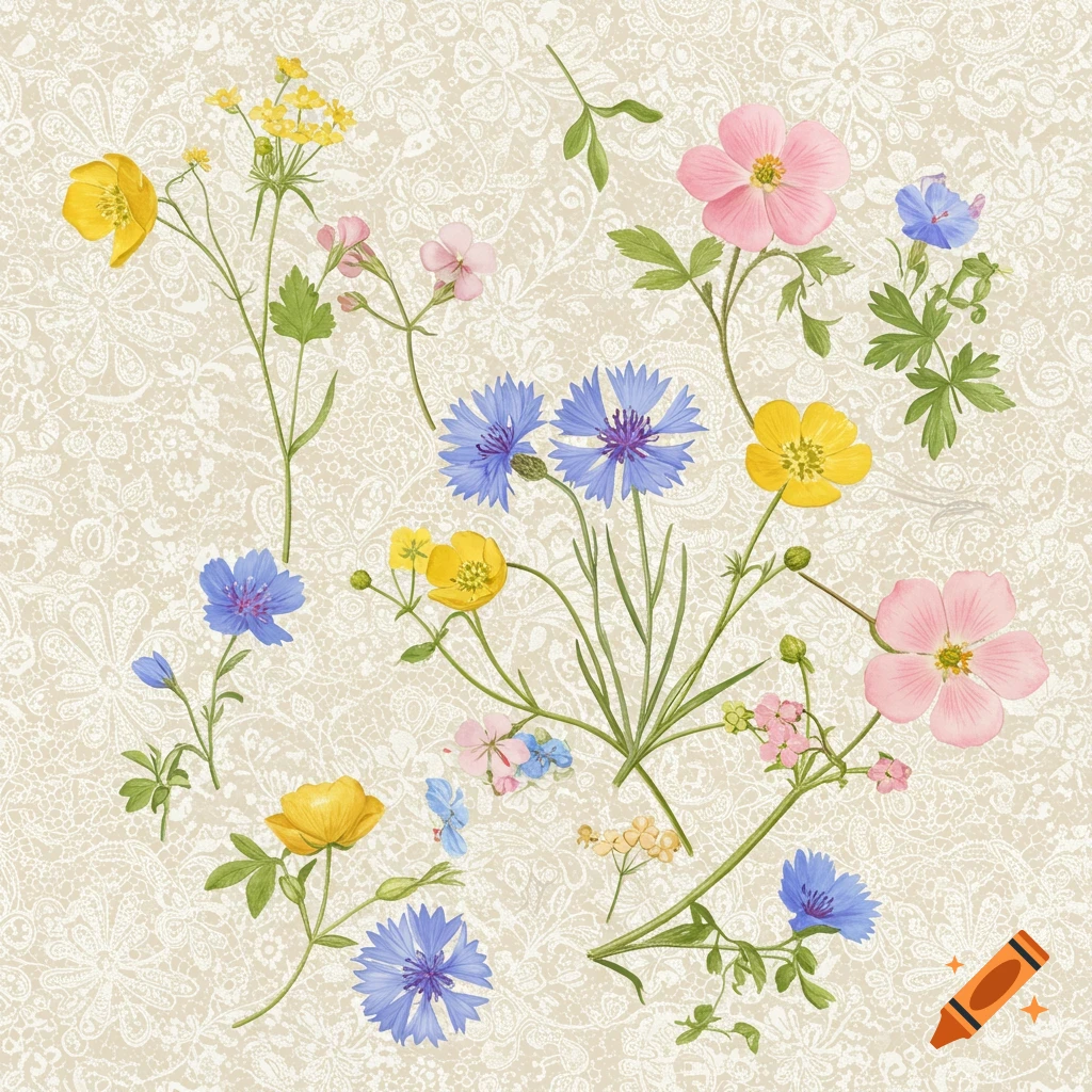 Various pink, yellow, and blue flowers on a neutral background with a detailed lace pattern.