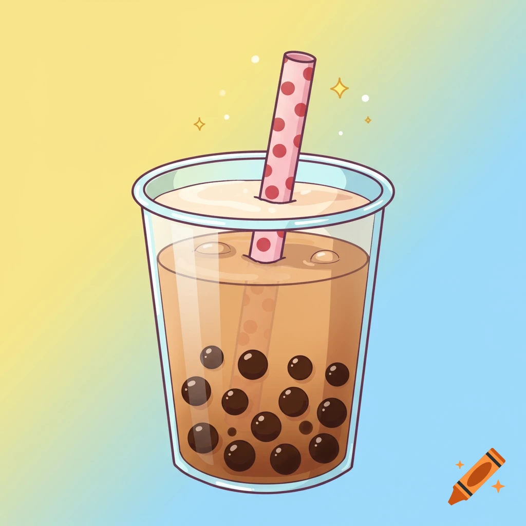 Vector illustration of boba tea with a pink spotted straw against a yellow and blue gradient background.