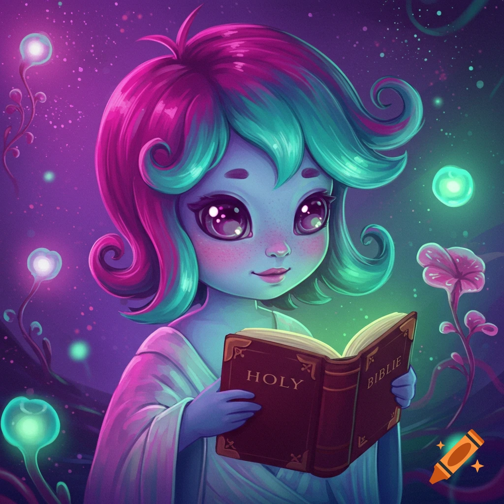 Cute alien girl with pink and blue hair reading a book in a magical space scene.