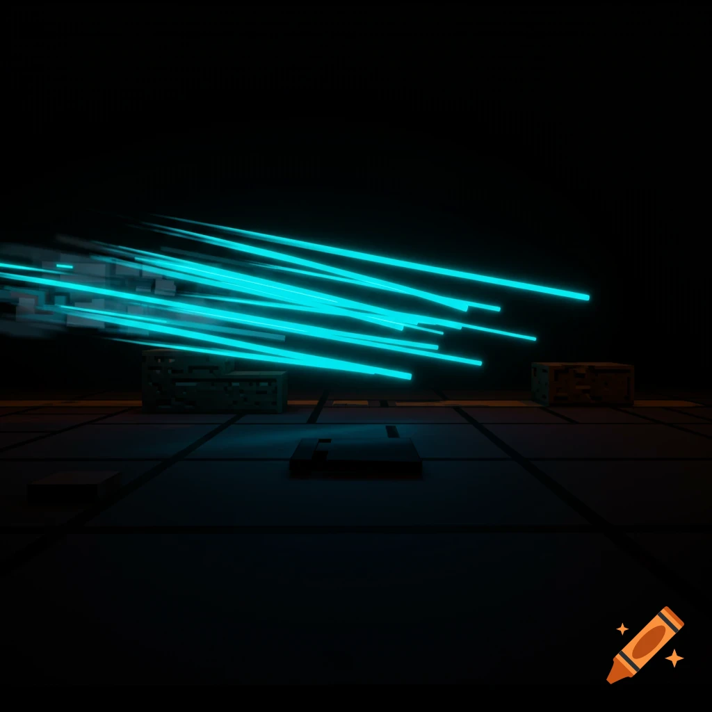Glowing cyan lines streak across a dark, blocky landscape in a video game style.
