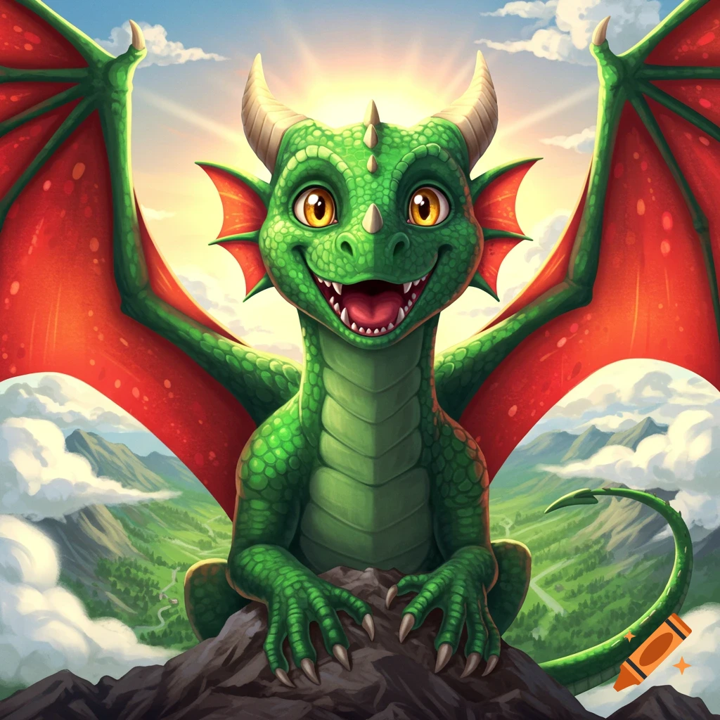 A cute green dragon with red wings sits on a rock, smiling brightly against mountains and a sunny sky.