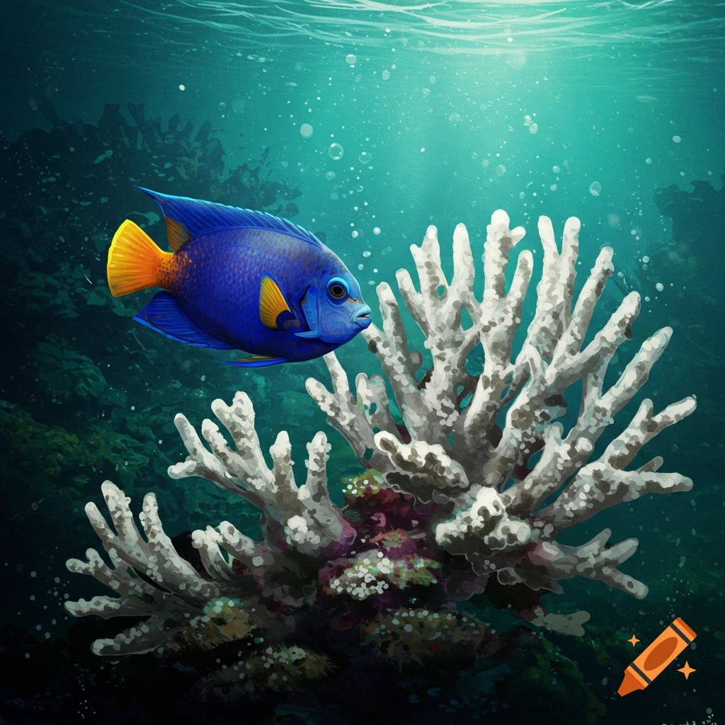 A vibrant blue and orange fish swims near white coral in an underwater scene.
