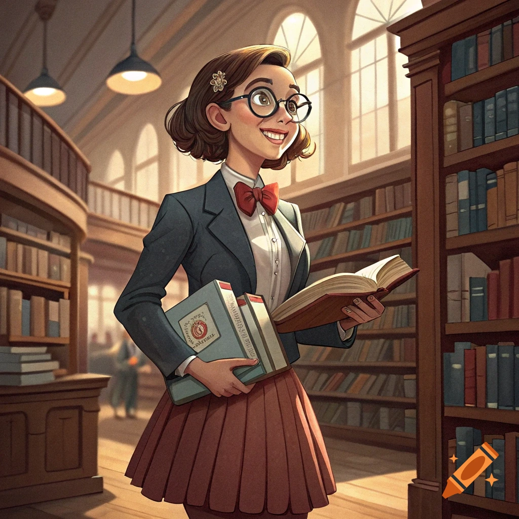 Cartoon woman librarian in glasses holding books in a library
