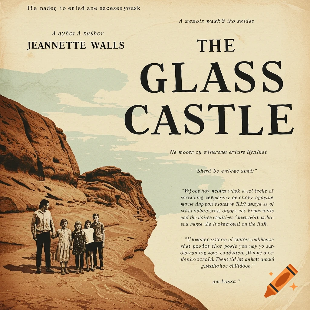 Illustrated book cover titled The Glass Castle with a family standing near rocky cliffs.