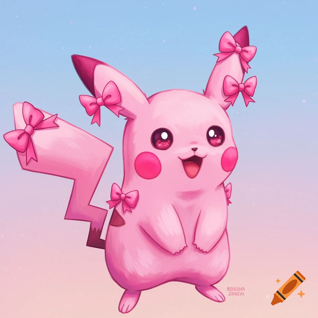 Pink Pikachu covered in pink bows, anime style