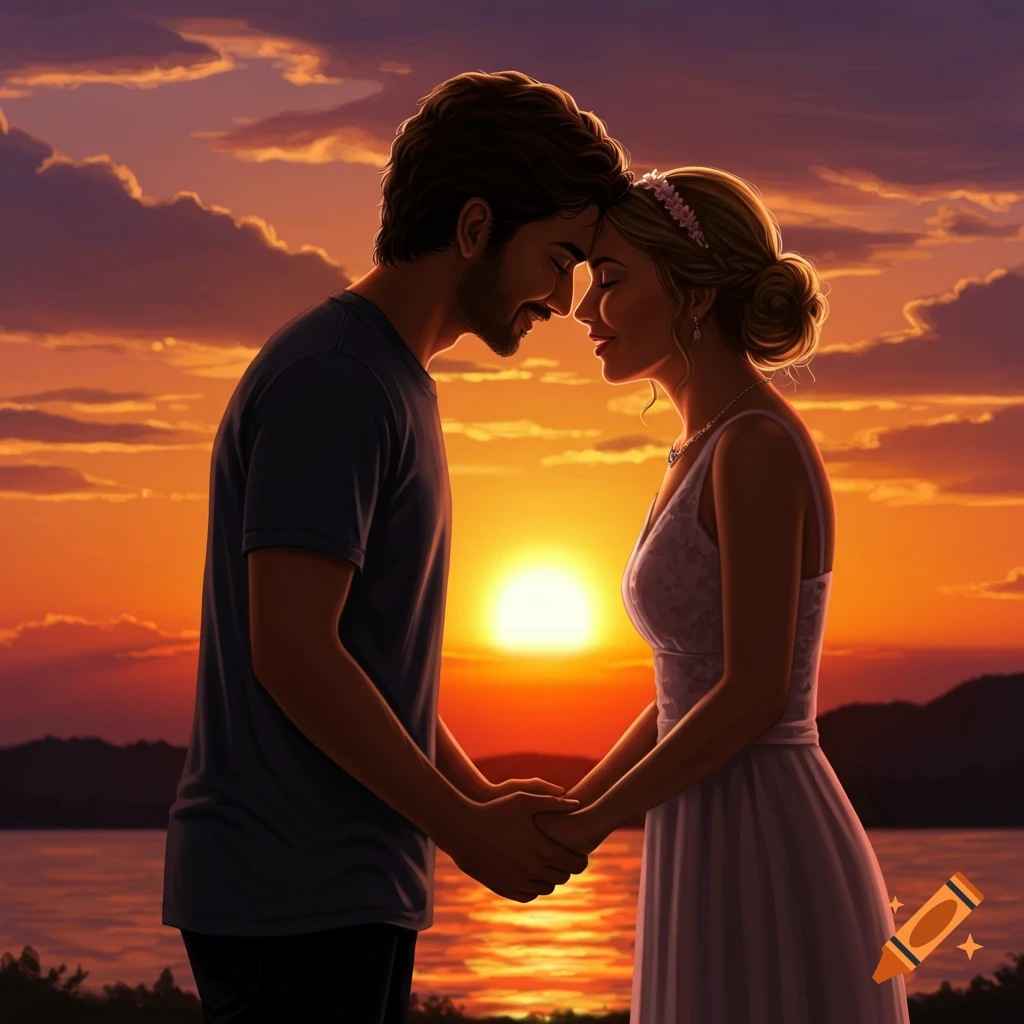 A couple holding hands at sunset over water