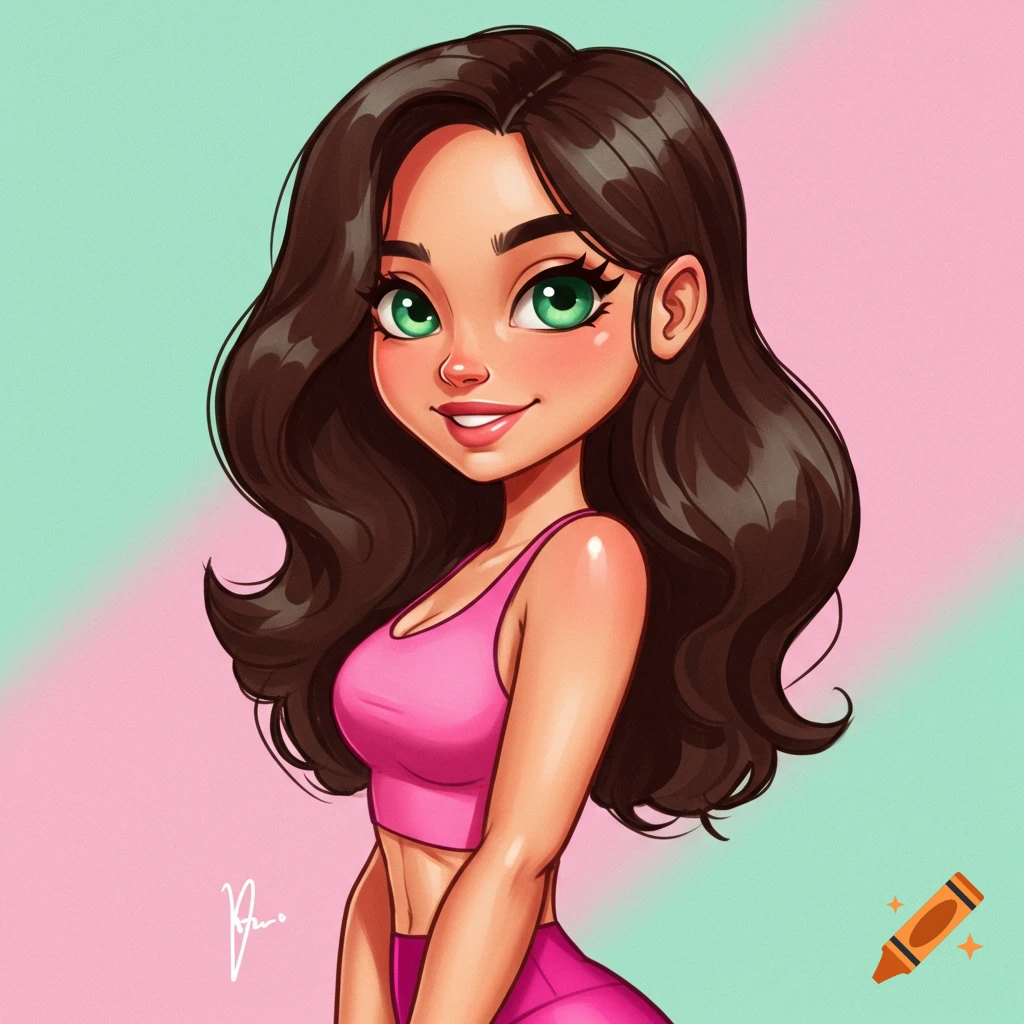 Cartoon woman in a pink fitness top and shorts
