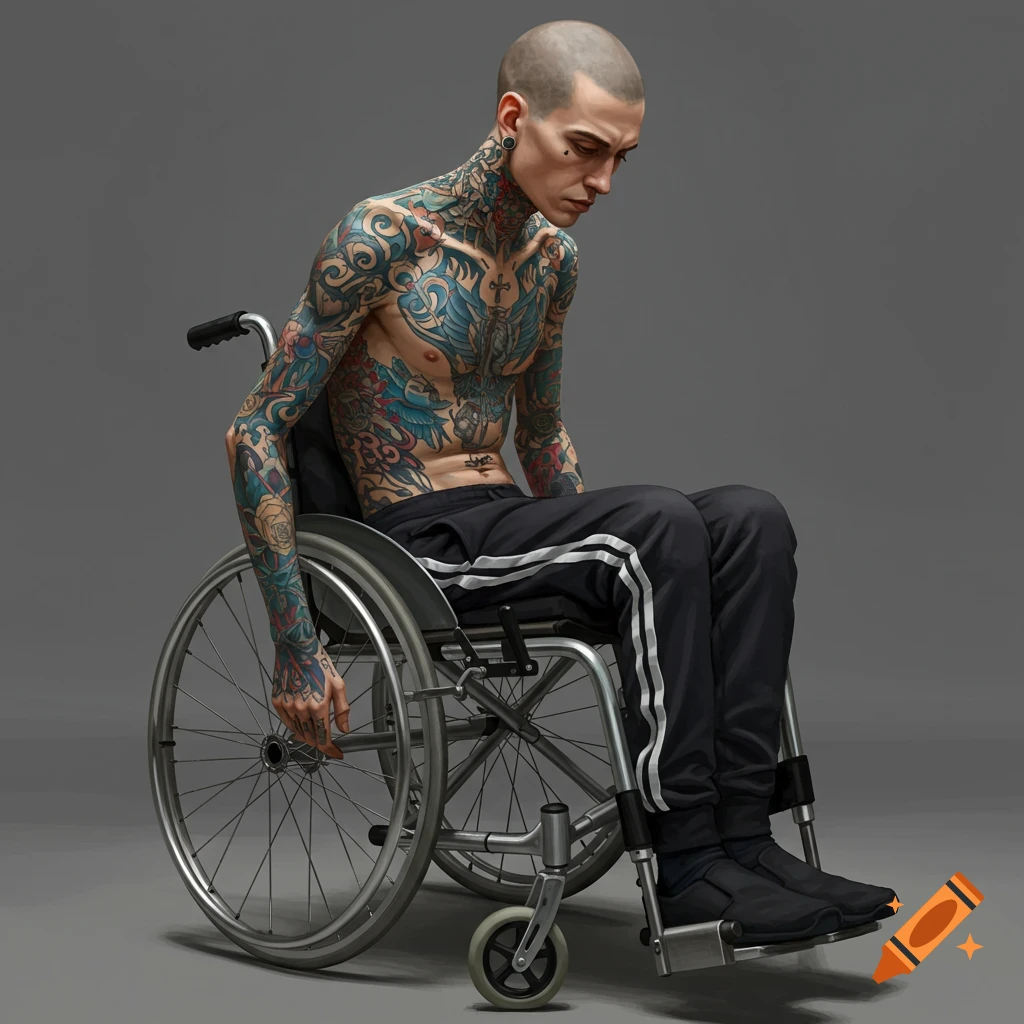 A heavily tattooed person is sitting in a wheelchair.
