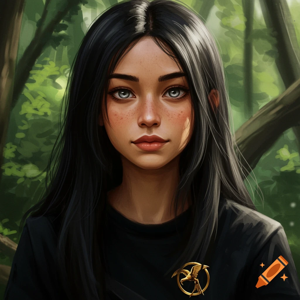 Portrait of a young woman with long black hair and grey eyes wearing a black shirt with a gold Mockingjay pin in a forest.