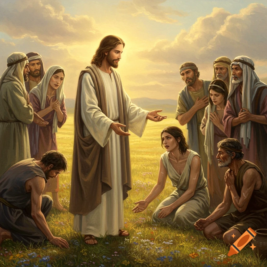 Jesus interacting with people in a sunny field.