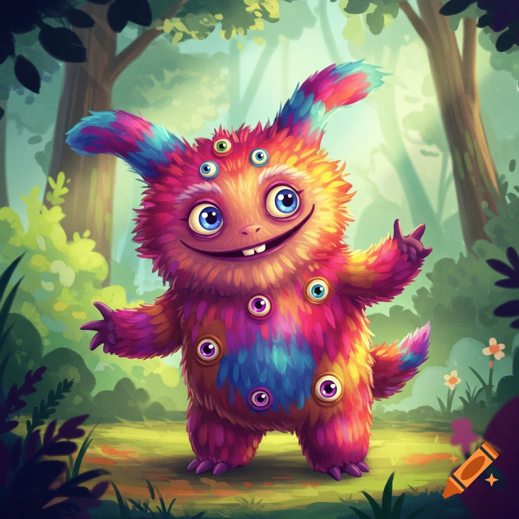 A colorful, furry monster with multiple eyes stands in a forest.