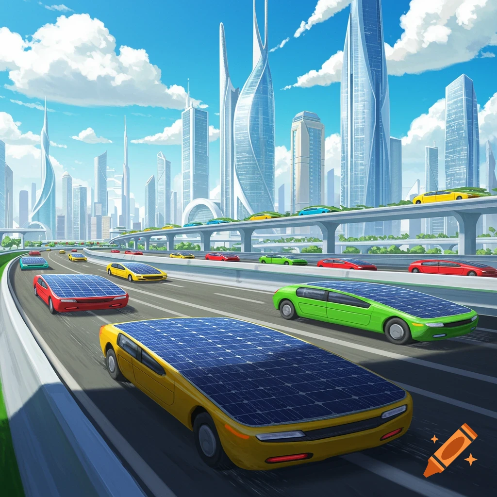 Solar-powered cars driving on a multi-level highway in a futuristic city.