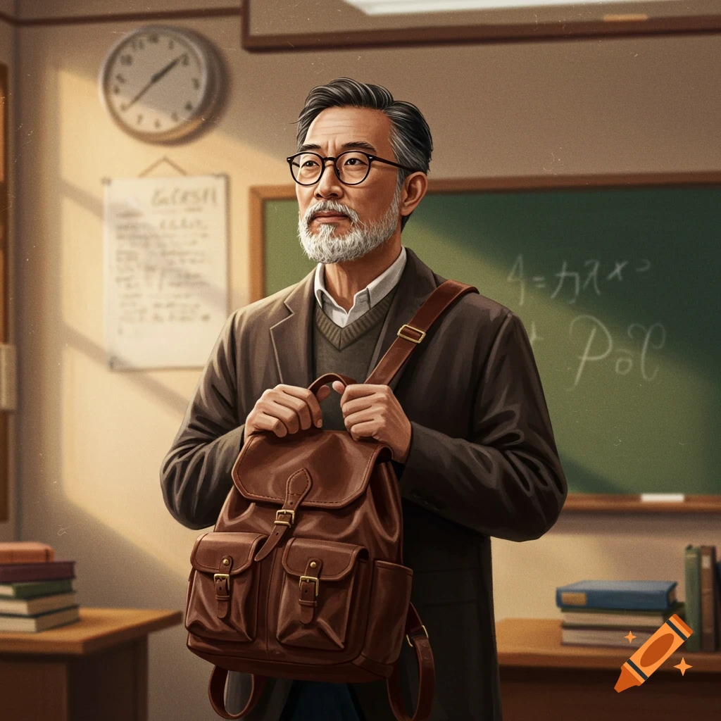 A professor with a beard and glasses is holding a backpack in a classroom.
