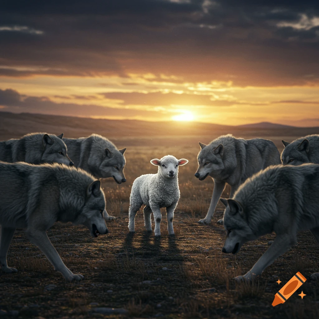 A lamb stands surrounded by wolves in a field at sunset.