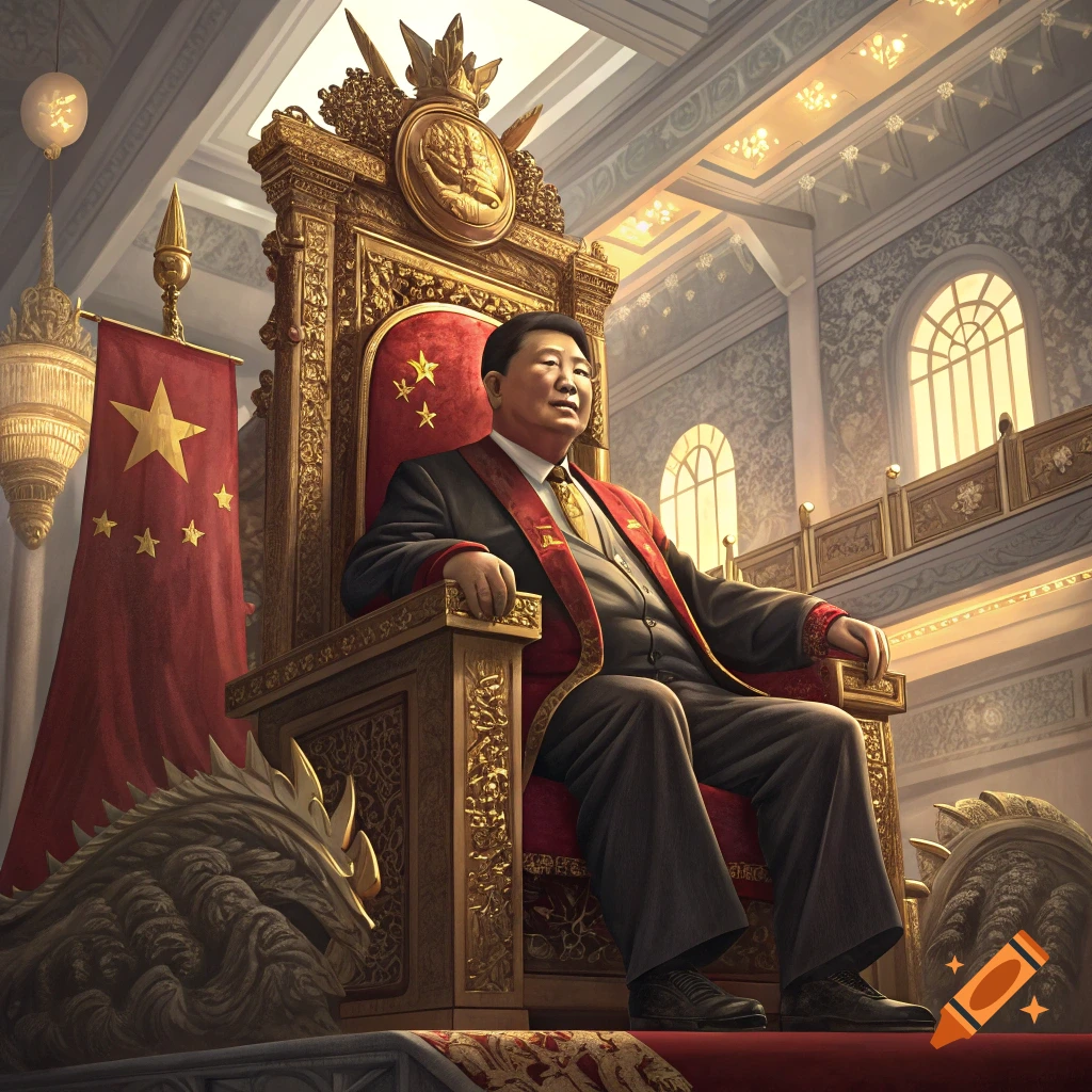 Illustration of Xi Jinping seated on an ornate golden throne in a grand hall beside a large Chinese flag.