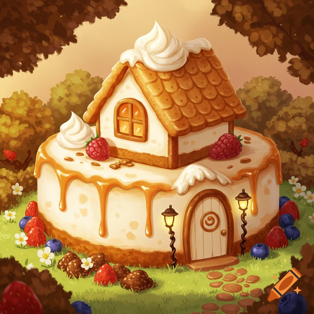 Whimsical cheesecake house with berries and caramel in a forest clearing.