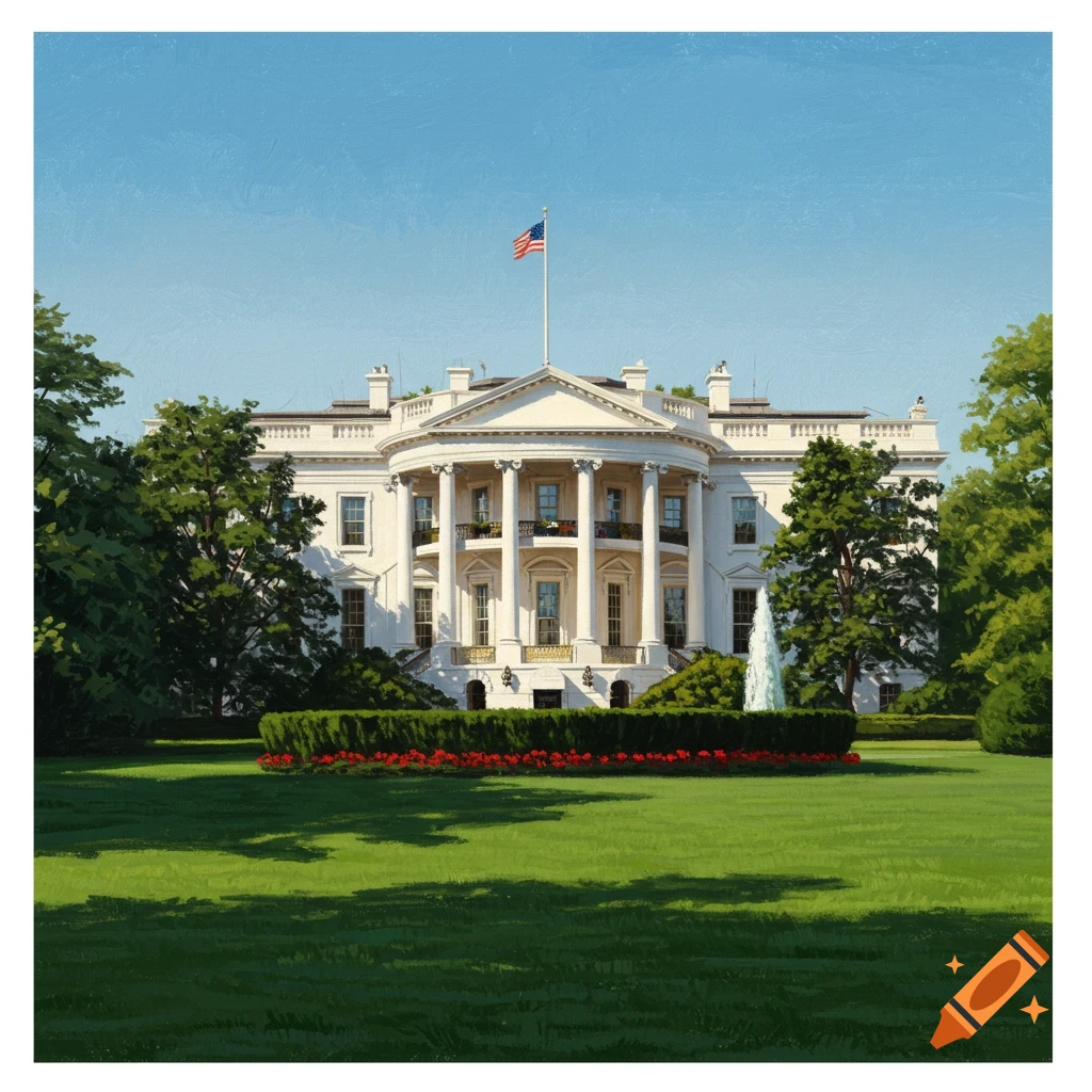 The White House with a fountain and lawn