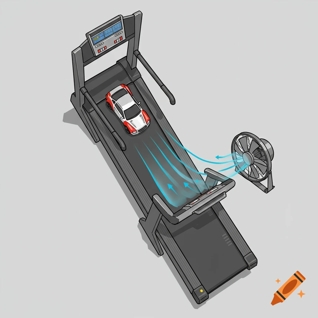 Illustration of an RC car on a treadmill with a fan blowing air towards it.
