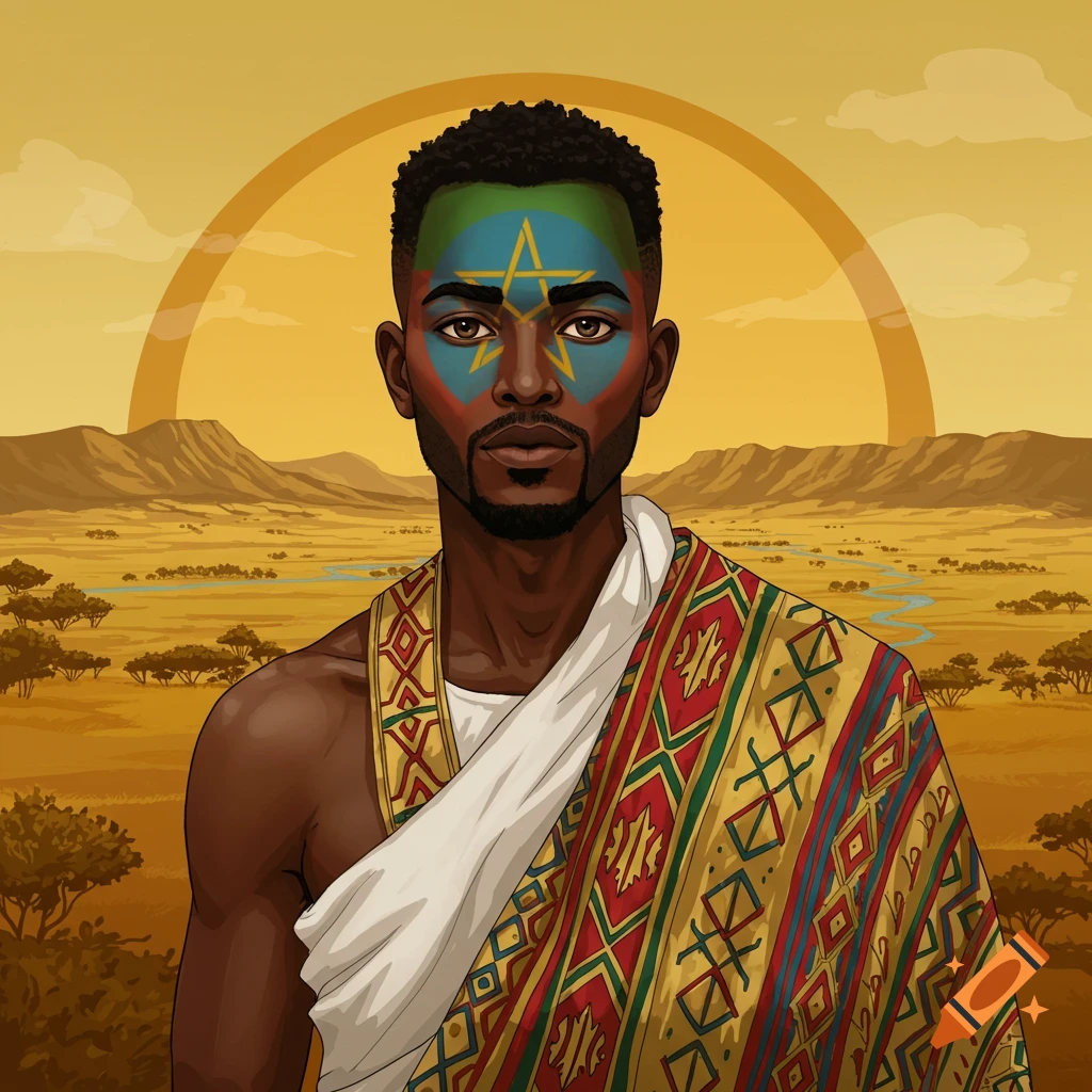A man with Ethiopian flag face paint and traditional clothing stands in a savanna landscape