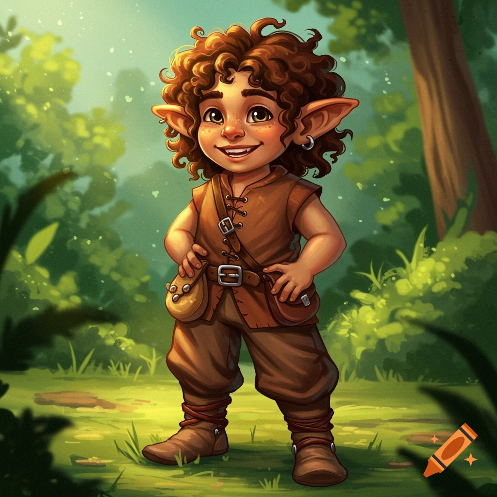 Illustration of a young male halfling with brown hair and pointed ears ...
