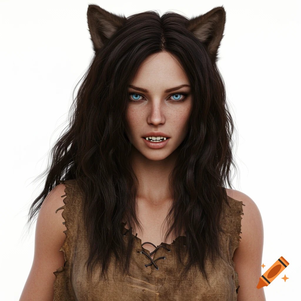 Close-up portrait of a woman with wolf ears, blue eyes, and fangs against a white background.
