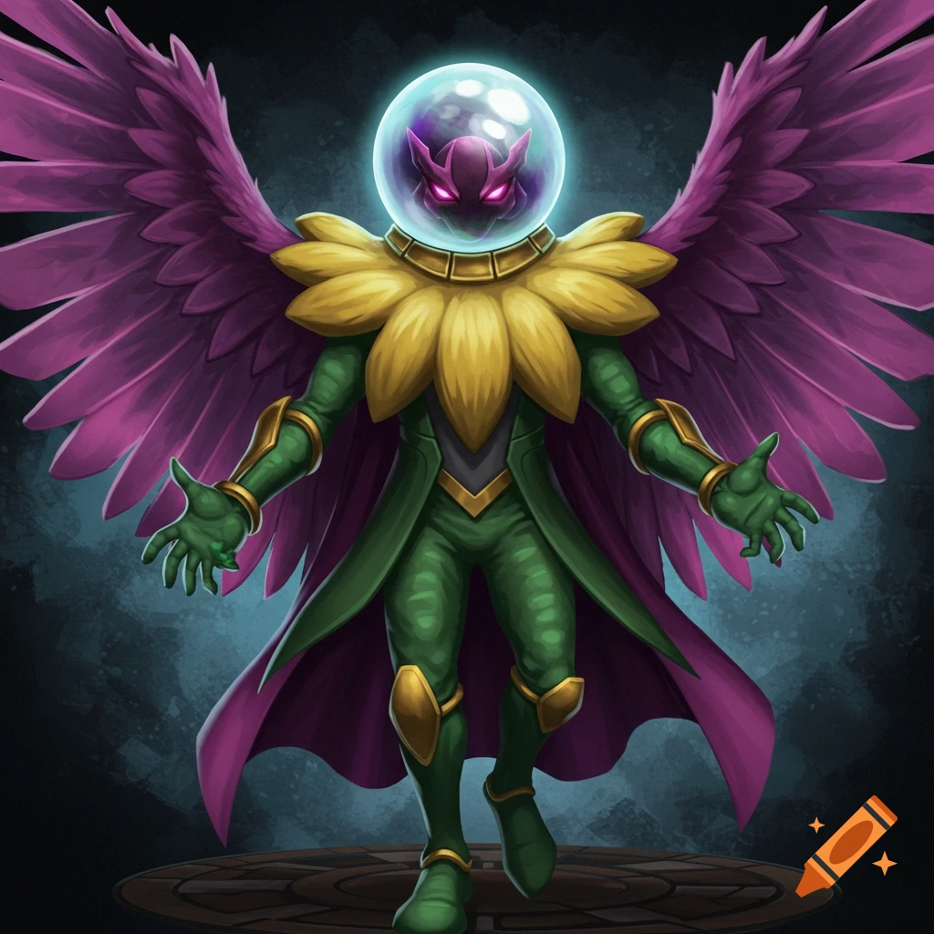 A fantasy character in a green suit with gold armor, purple wings, yellow collar, and a bubble helmet.
