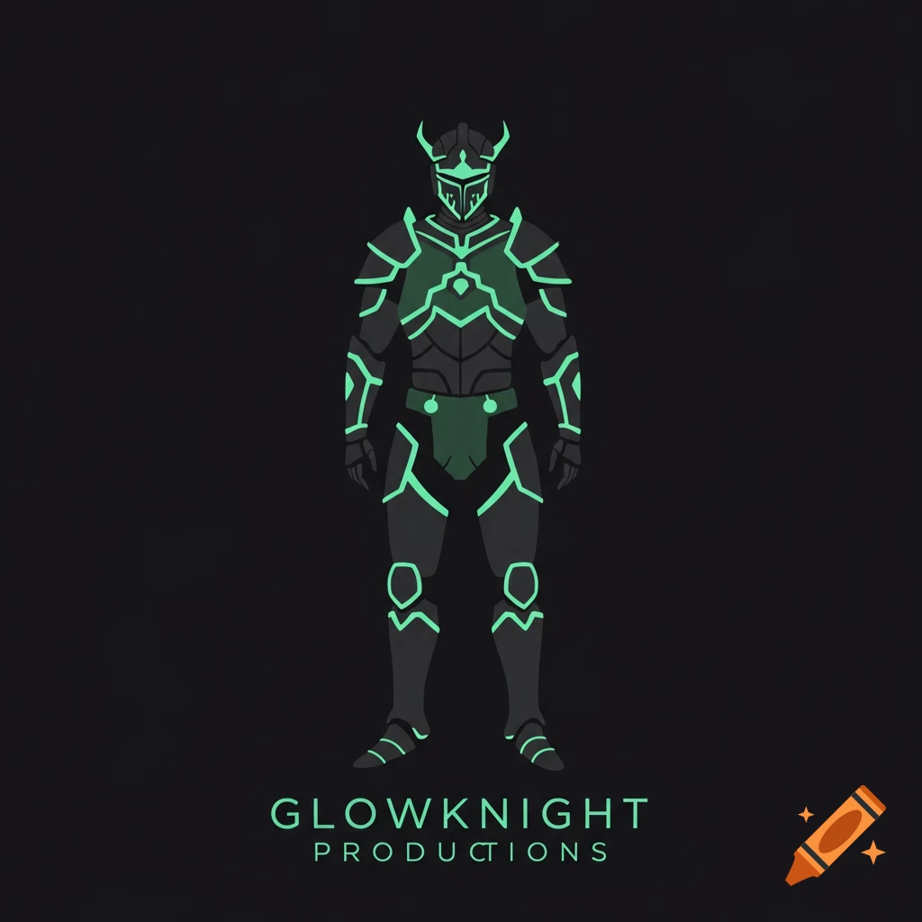 Minimalist knight in green and black glowing armor above 'GlowKnight Productions' text.
