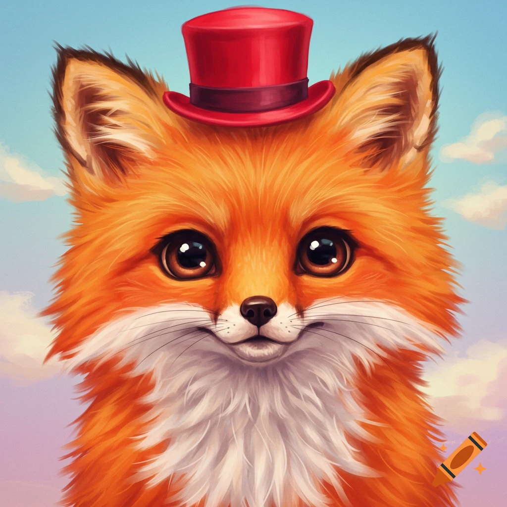 A close-up of a cute fox wearing a small red top hat.