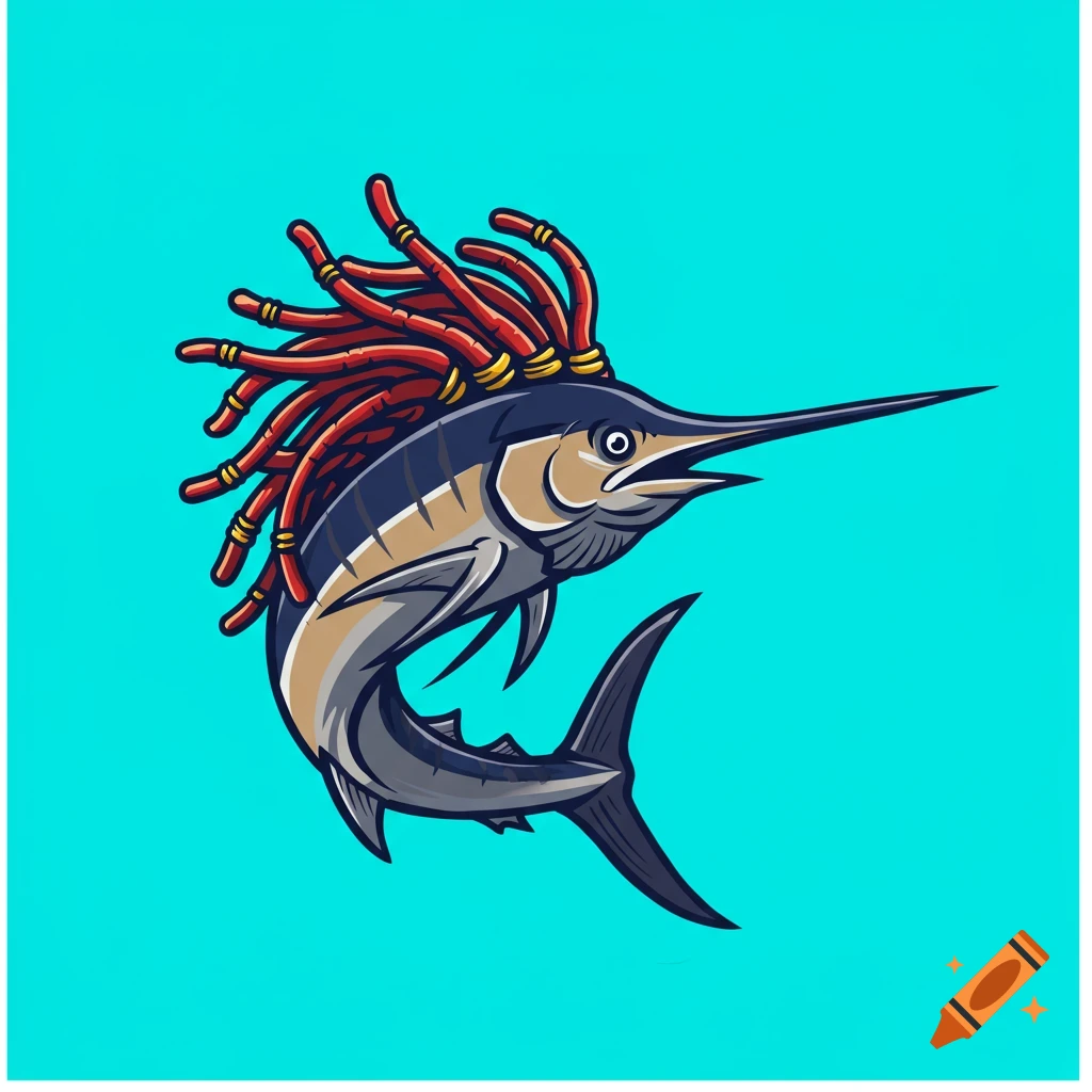 Cartoon illustration of a swordfish with red dreadlocks, in a logo style.