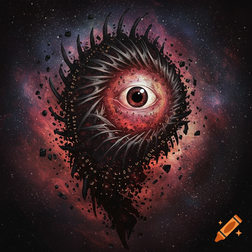 A giant eye within a swirling mass of stars, symbols, and debris in space.