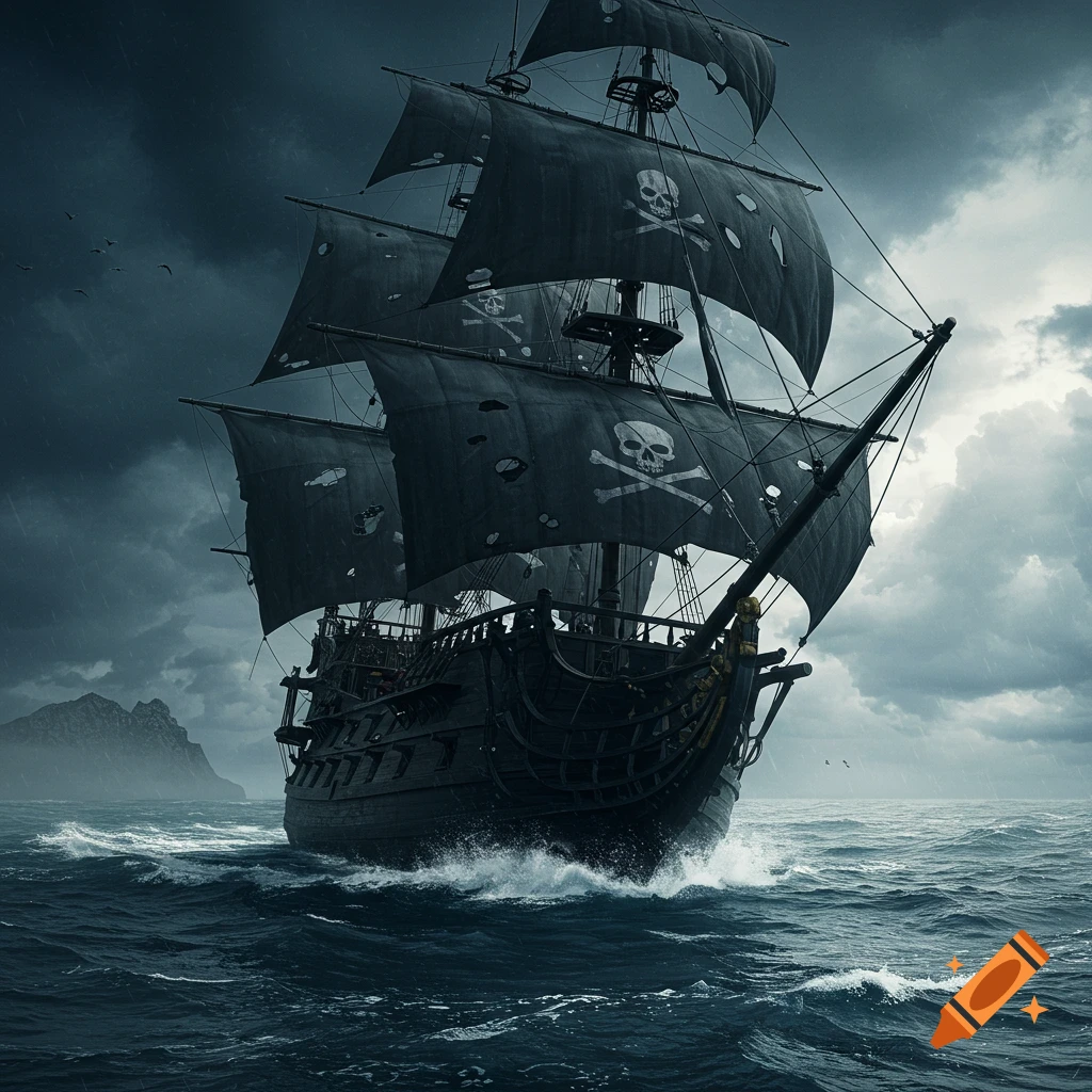 A black pirate ship with skull and crossbones sails on a stormy sea
