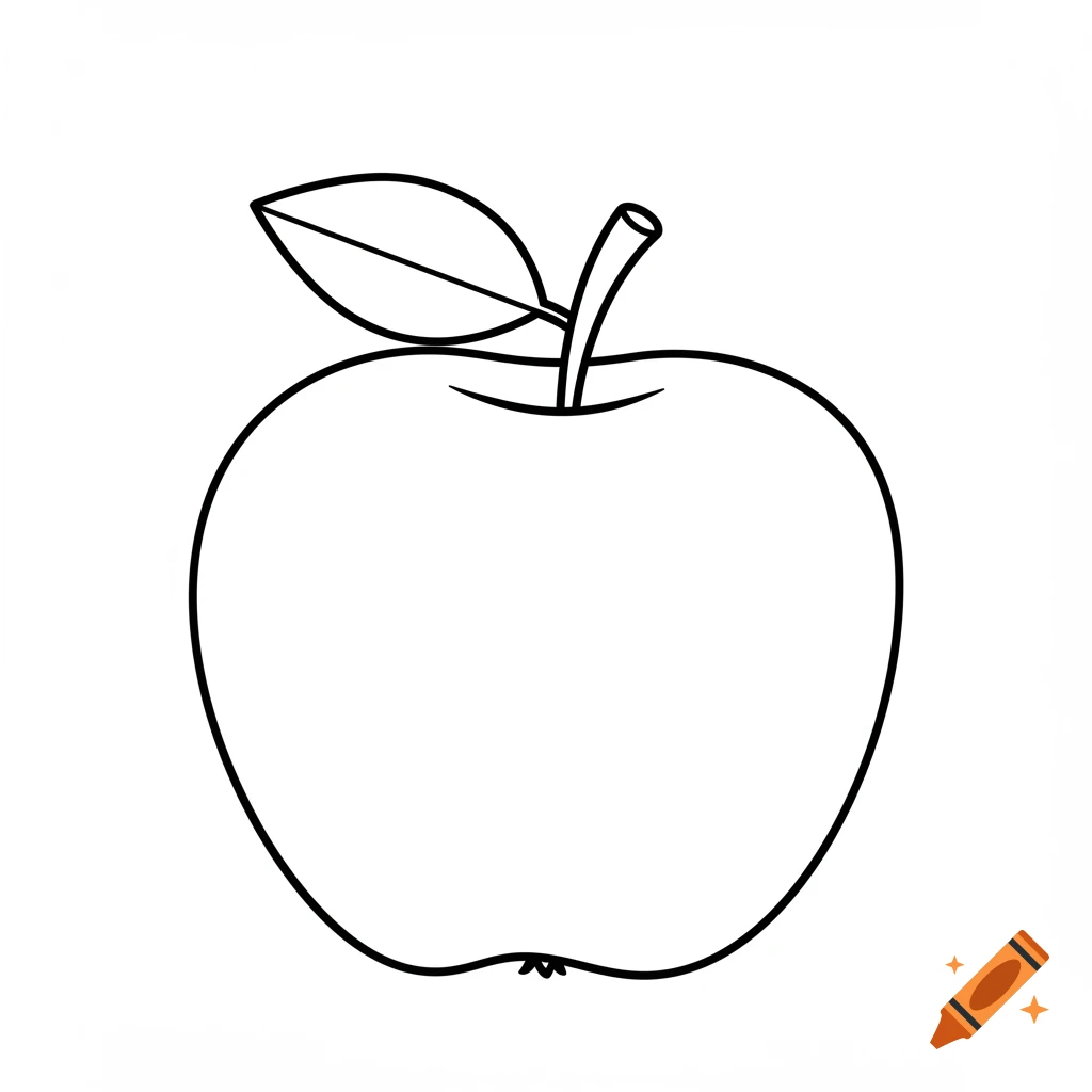A simple black and white outline drawing of an apple with a stem and leaf.