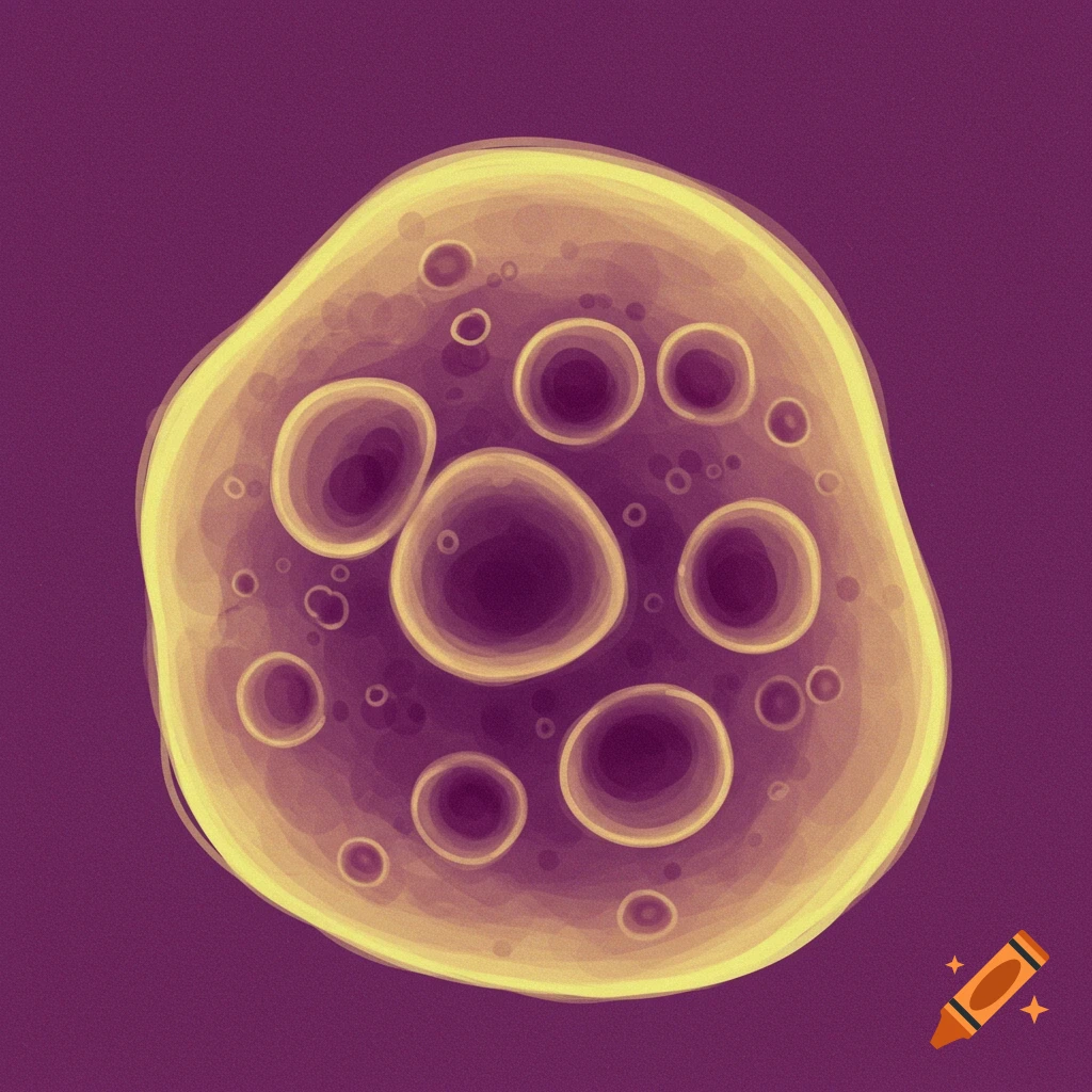 Stylized image of a cell with internal structures on a purple background.