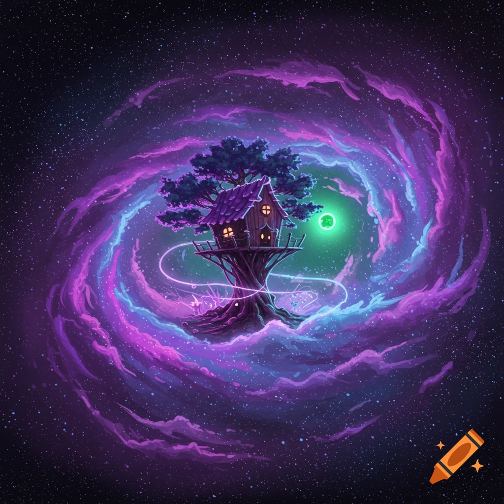 A treehouse floating in space, surrounded by a purple and blue nebula.