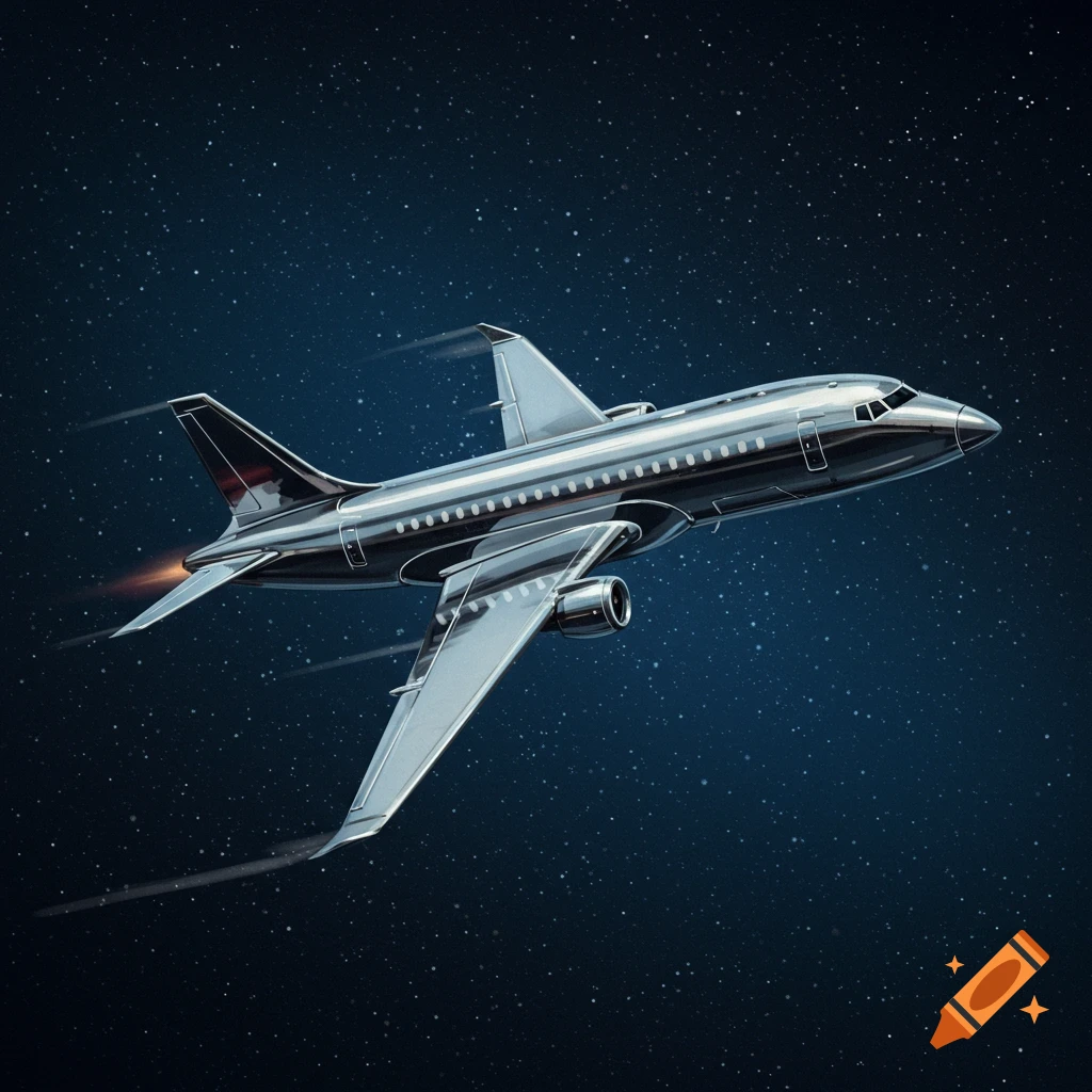 A shiny chrome plane flies through a starry dark space.