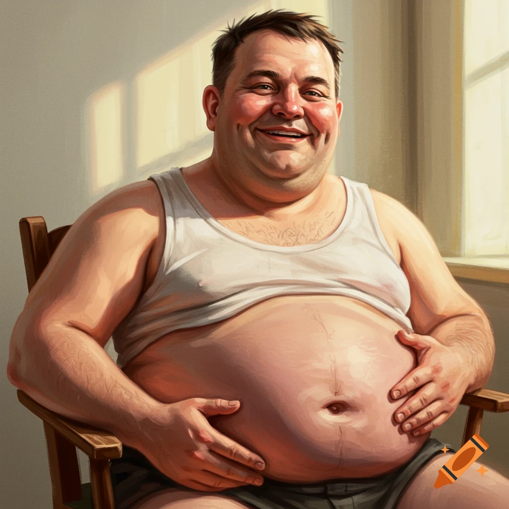 A smiling overweight man in a tank top holding his belly while sitting in a chair.