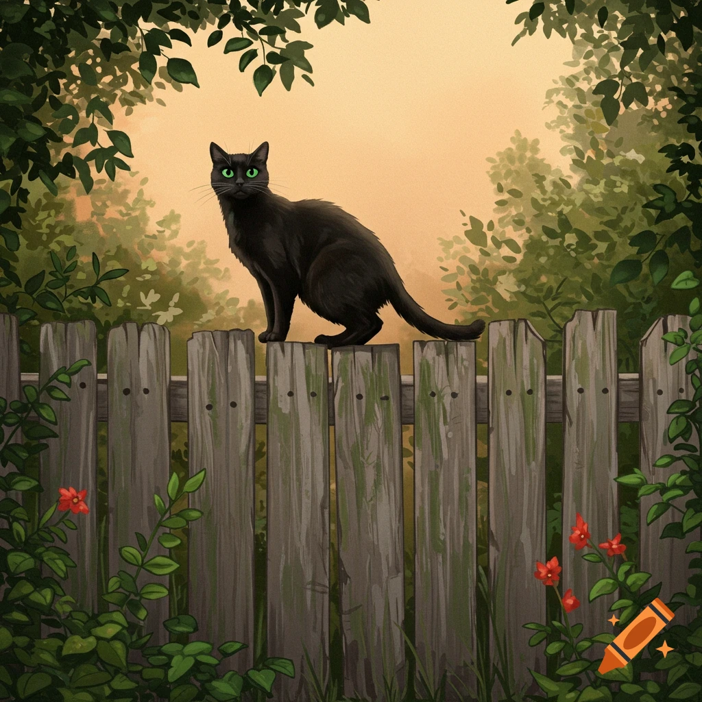 A black cat stands on a swing in a whimsical garden, illustrated in a ...